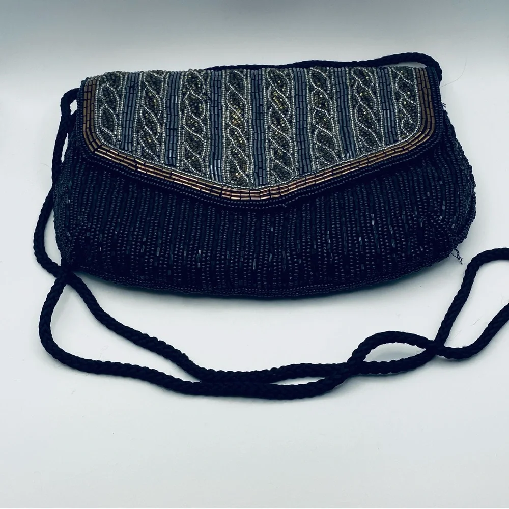 Vintage Carla Marchi Vintage Handmade Black Beaded Purse w Shoulder Cord - Picture 7 of 10